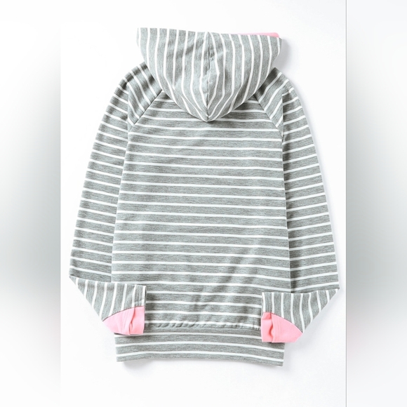 NEW WITH TAGS Small Gray White Stripe Pink Cowl Double Hoodie look - Picture 7 of 8